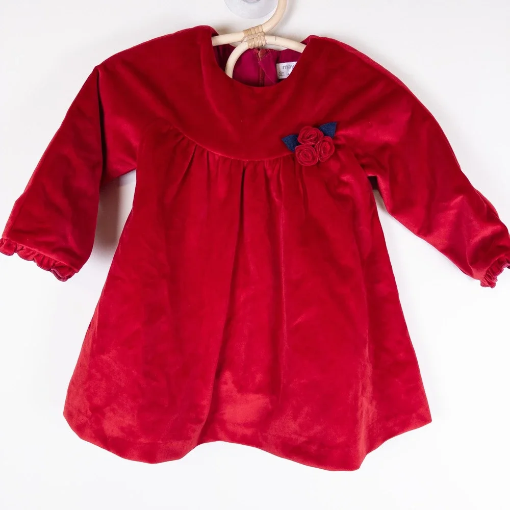 Mayoral Velvet Dress‎ Kids 12M Red Floral Applique Long Sleeve Party Holiday